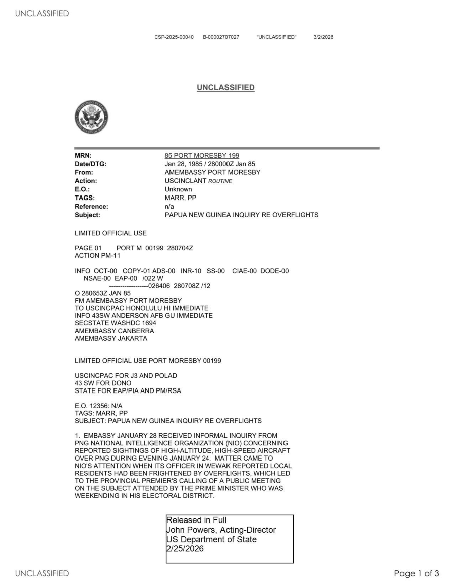 State Department UAP Cable 1, Papua New Guinea, January 28, 1985 首页预览