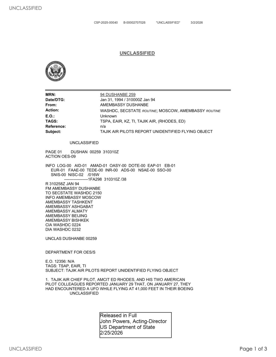 State Department UAP Cable 2, Kazakhstan, January 31, 1994 首页预览