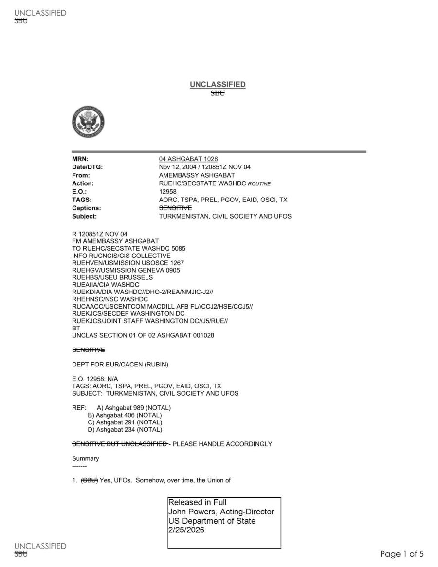 State Department UAP Cable 4, Ashgabat, Turkmenistan, November 5, 2004 首页预览